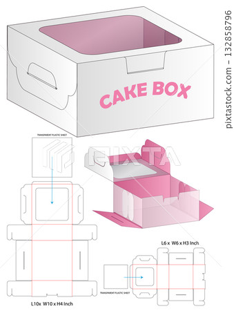 Cake Box Dieline Vector with Handle and Transparent Window Multi Size Foldable Layout 132858796