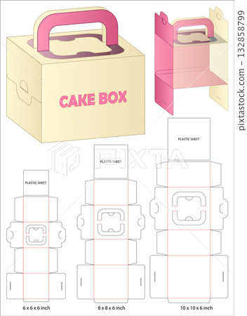 Cake Box Dieline Vector with Handle and Transparent Window Multi Size Packaging Layout Cake Box Dieline Vector with Handle and Transparent Window Multi Size Packaging Layout 132858799