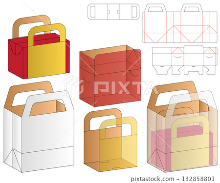Bag and Box Packaging Dieline Vector with Handle and Structural Layout Views Bag and Box Packaging Dieline Vector with Handle and Structural Layout Views 132858801
