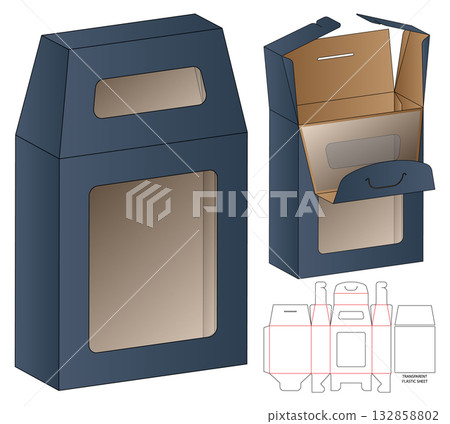 Packaging Box Dieline Vector with Dual Transparent Windows and Foldable Template 132858802