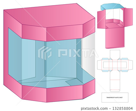 Transparent Plastic Box Dieline Vector with Colored Net and 3D Assembly View 132858804
