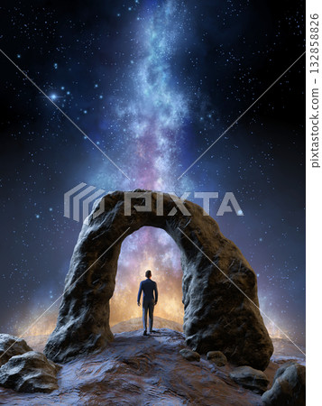 Man standing under a rocky arch formation 132858826