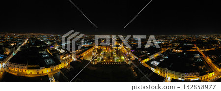 Aerial night view of the Plaza de Armas of Arequipa. 132858977