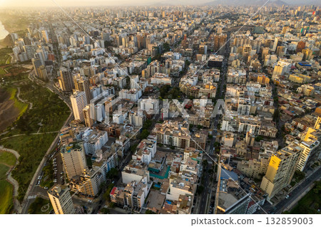 Aerial view of Miraflores and its boardwalk in Lima. Aerial view of Miraflores and its boardwalk in Lima. 132859003