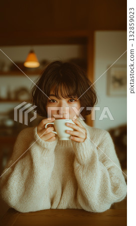 A woman drinking at a cafe A woman drinking at a cafe 132859023