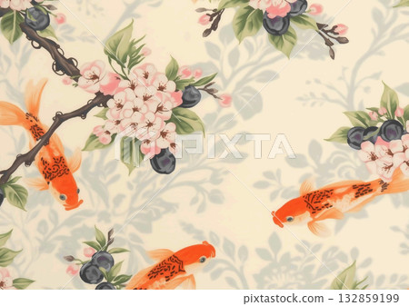 Elegant watercolor art of flowers and koi carp * Japanese-style botanical background 132859199