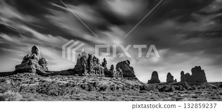 Monochrome Rock Formations Under Cloudy Sky 132859237