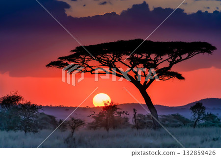 Acacia Tree Silhouette at Sunset in African Savannah 132859426