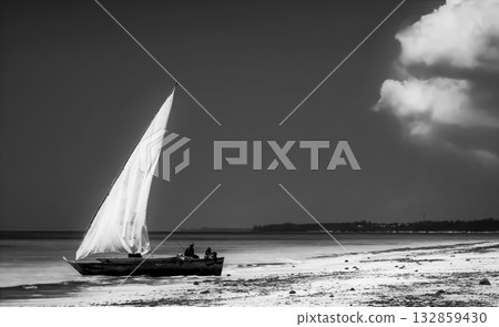 Sailboat on Beach with Dramatic Clouds Sailboat on Beach with Dramatic Clouds 132859430