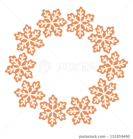 Simple gingerbread cookie snowflake round frame with Christmas decor. The simple vector design perfect for Christmas and New Year decorations or holiday greetings. Simple gingerbread cookie snowflake round frame with Christmas decor. The simple vector design perfect for Christmas and New Year decorations or holiday greetings. 132859490