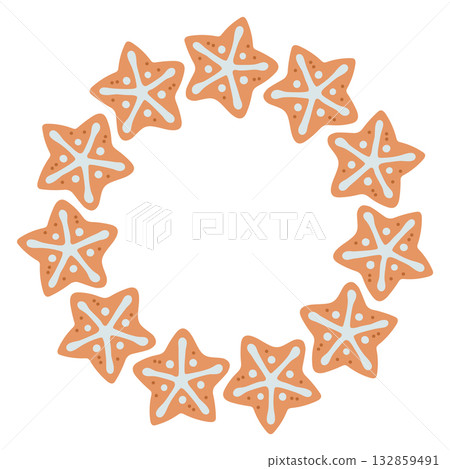 Simple gingerbread cookie star circle round frame with Christmas decor. The simple vector design perfect for Christmas and New Year decorations or holiday greetings. Simple gingerbread cookie star circle round frame with Christmas decor. The simple vector design perfect for Christmas and New Year decorations or holiday greetings. 132859491