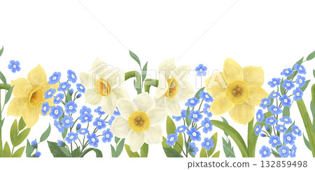 Seamless border with flowers of blue forgetmenots, yellow and white daffodils. Handdrawn in a flat style, painted with watercolors in pastel colors. An element for the design of postcards, packaging Seamless border with flowers of blue forgetmenots, yellow and white daffodils. Handdrawn in a flat style, painted with watercolors in pastel colors. An element for the design of postcards, packaging 132859498