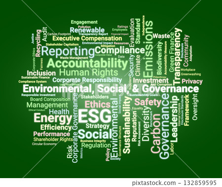 ESG Word Cloud. Key Concepts On Sustainability, Governance, Social Responsibility, Ethics, Transparency, And Environmental Impact In Modern Corporate Practices. ESG Word Cloud. Key Concepts On Sustainability, Governance, Social Responsibility, Ethics, Transparency, And Environmental Impact In Modern Corporate Practices. 132859595