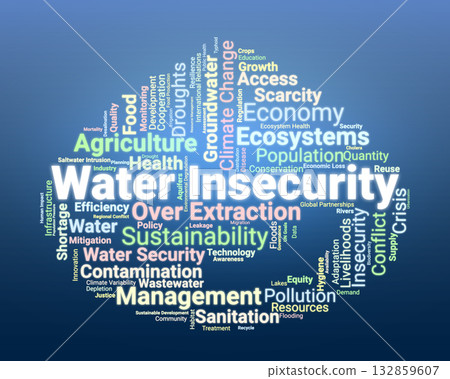 Water Insecurity Word Cloud. Composition Of Terms Related To Scarcity, Climate Change, Health, Agriculture, And Global Cooperation For Sustainable Water Management. 132859607