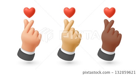 Vector 3d Finger Heart Hand Gesture Set. Korean Finger Heart Illustration Showing Love and Appreciation. Cute Hand Gestures for Social Media, K-Pop, Messaging Design. 3d Vector Icons 132859621