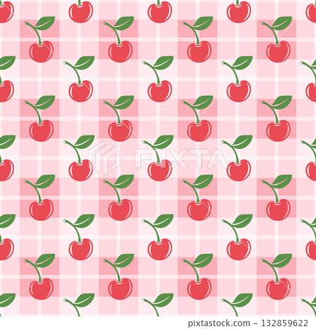 Vector Seamless Pattern with Cutout Cherry. Single, Pair of Cherries and Cluster of Cherries with Leaves, Repeated Print 132859622