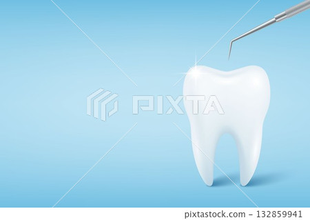 Vector 3d Realistic Tooth. Healthy White Tooth with Dental Probe on Blue Background. Dental Explorer Tool. Oral Care Tooth Concept. Dentist Equipment and Tooth Examination Vector 3d Realistic Tooth. Healthy White Tooth with Dental Probe on Blue Background. Dental Explorer Tool. Oral Care Tooth Concept. Dentist Equipment and Tooth Examination 132859941