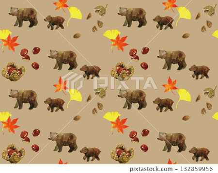熊、堅果和樹葉的無縫圖案。手繪水彩插畫背景素材。 132859956
