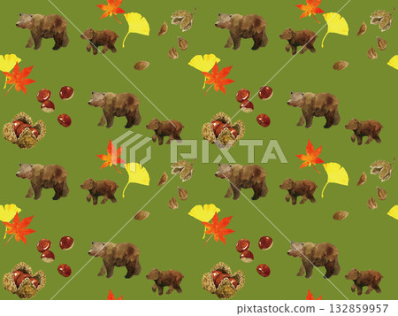 熊、堅果和樹葉的無縫圖案。手繪水彩插畫背景素材。 132859957