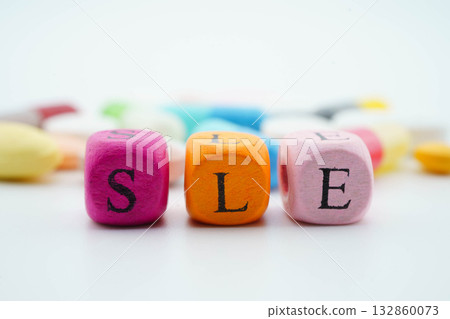 SLE systemic Lupus erythematosus or Lupus word with pills and capsules medical drug. 132860073