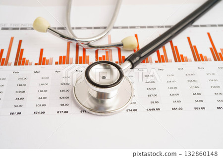 Stethoscope and US dollar banknotes on chart or graph paper, Financial, account, statistics and business data medical health concept. Stethoscope and US dollar banknotes on chart or graph paper, Financial, account, statistics and business data medical health concept. 132860148