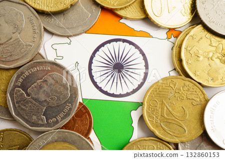 India flag on coins background, finance and accounting, banking concept. 132860153