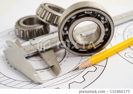 Engineering and precision tools with metal ball bering, mechanical industrial. Engineering and precision tools with metal ball bering, mechanical industrial. 132860175