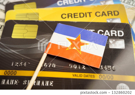 Yugoslavia flag on credit card, finance economy trading shopping online business. 132860202