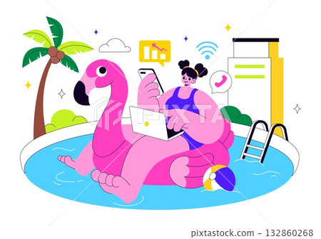 Freelance Workers Relaxing by the Swimming Pool Vector Illustration Featuring People Drinking Cocktails and Using Laptops in a Flat Background 132860268