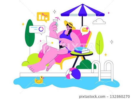 Freelance Workers Relaxing by the Swimming Pool Vector Illustration Featuring People Drinking Cocktails and Using Laptops in a Flat Background 132860270