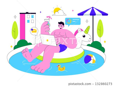 Freelance Workers Relaxing by the Swimming Pool Vector Illustration Featuring People Drinking Cocktails and Using Laptops in a Flat Background 132860273