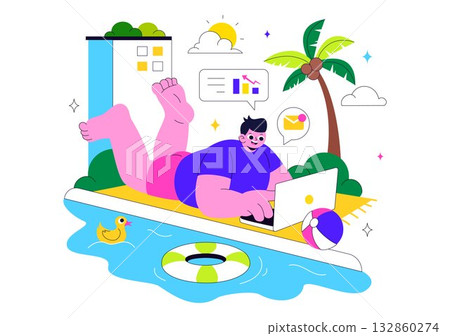 Freelance Workers Relaxing by the Swimming Pool Vector Illustration Featuring People Drinking Cocktails and Using Laptops in a Flat Background 132860274