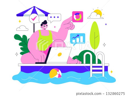Freelance Workers Relaxing by the Swimming Pool Vector Illustration Featuring People Drinking Cocktails and Using Laptops in a Flat Background 132860275