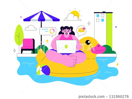 Freelance Workers Relaxing by the Swimming Pool Vector Illustration Featuring People Drinking Cocktails and Using Laptops in a Flat Background 132860276