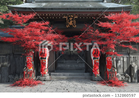 明亮的紅色葉子和寺廟 132860597