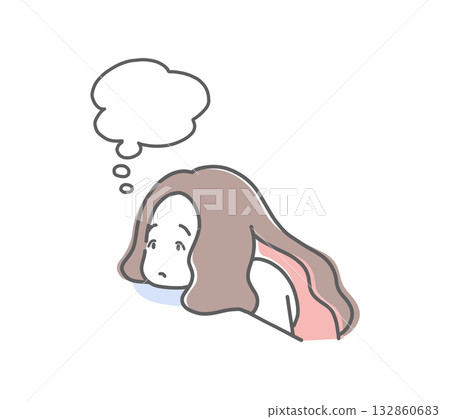 Illustration material of a woman thinking with her face on the desk 132860683
