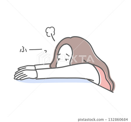 Illustration material of a woman stretching her hands at a desk and sighing 132860684