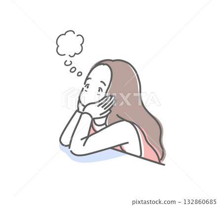 插畫素材：一位女子托著下巴思考。 132860685