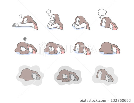 一組插畫，描繪了一位情緒低落的女子趴在桌上。 132860693