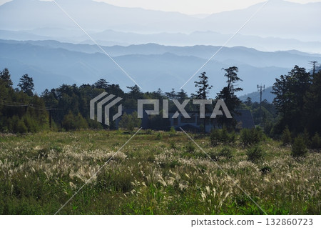 禦嶽索道秋景：從禦岳藍線公路透過日本蒲葦叢眺望中央阿爾卑斯山脈 132860723