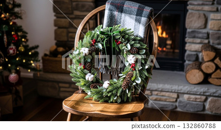 A wreath leaning against an antique chair 132860788