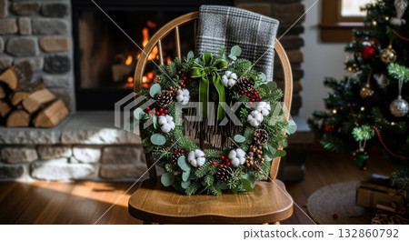 一個花環斜倚在一張古董椅上。 一個花環斜倚在一張古董椅上。 132860792