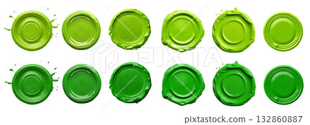 2 Collection set of dark light lime green, wax seal stamp blob ink paint on transparent background cutout, PNG file. Many different design. Mockup template  132860887