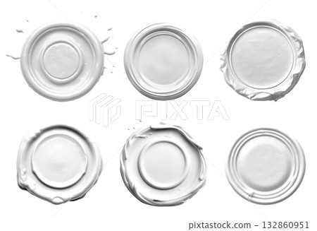Collection set of white, wax seal stamp blob ink paint on transparent background cutout, PNG file. Many different design. Mockup template 132860951