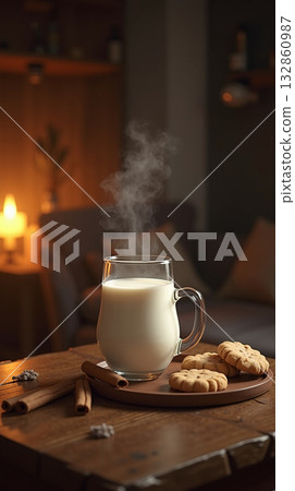 Cozy Night Still Life Steaming Glass of Warm Milk and Butter Cookies on a Rustic Wood Table with Cinnamon Sticks 132860987