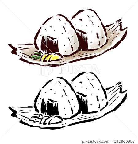 Traditional rice balls served on bamboo skin - color and line drawing set 132860995