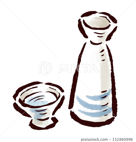 Sake bottles and sake cups, hand-drawn illustrations with a brush stroke 132860996