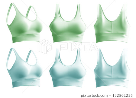 2 Set of pastel green blue, front back side view, sports exercise bra tank crop top on transparent background cutout, PNG file. Mocku 132861235