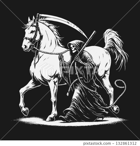 Monochrome Illustration of the Grim Reaper and His Horse. 132861312