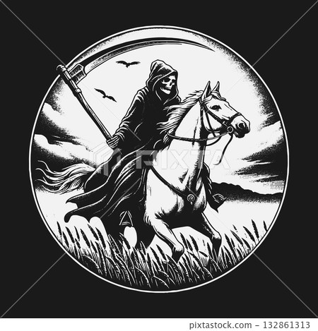 Grim Reaper riding a pale horse through a grassy field. 132861313
